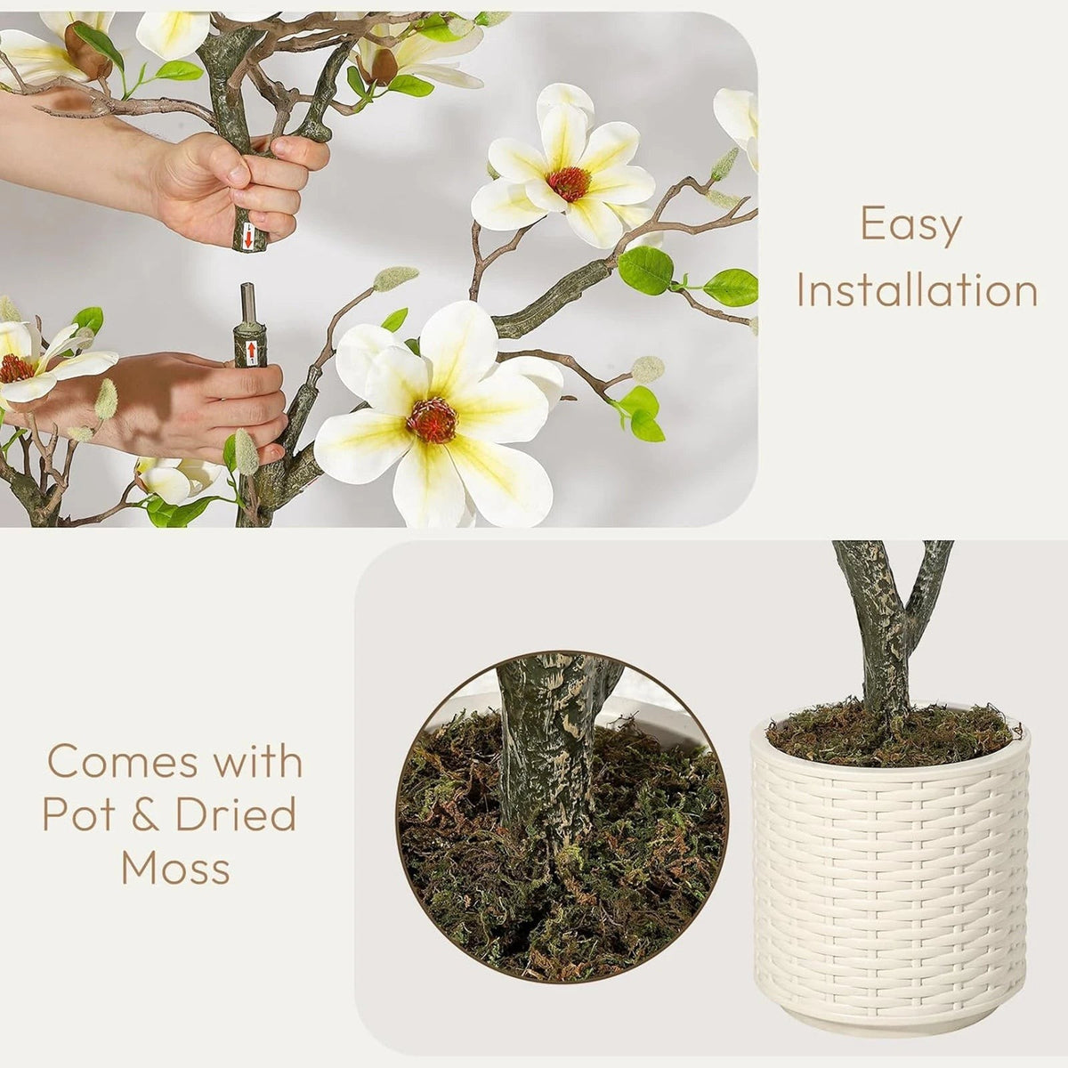 Faux Arbre Magnolia Artificiel de 120cm à 180cm avec Fleurs Blanches | Décoration Élégante pour Intérieur et Extérieur 4