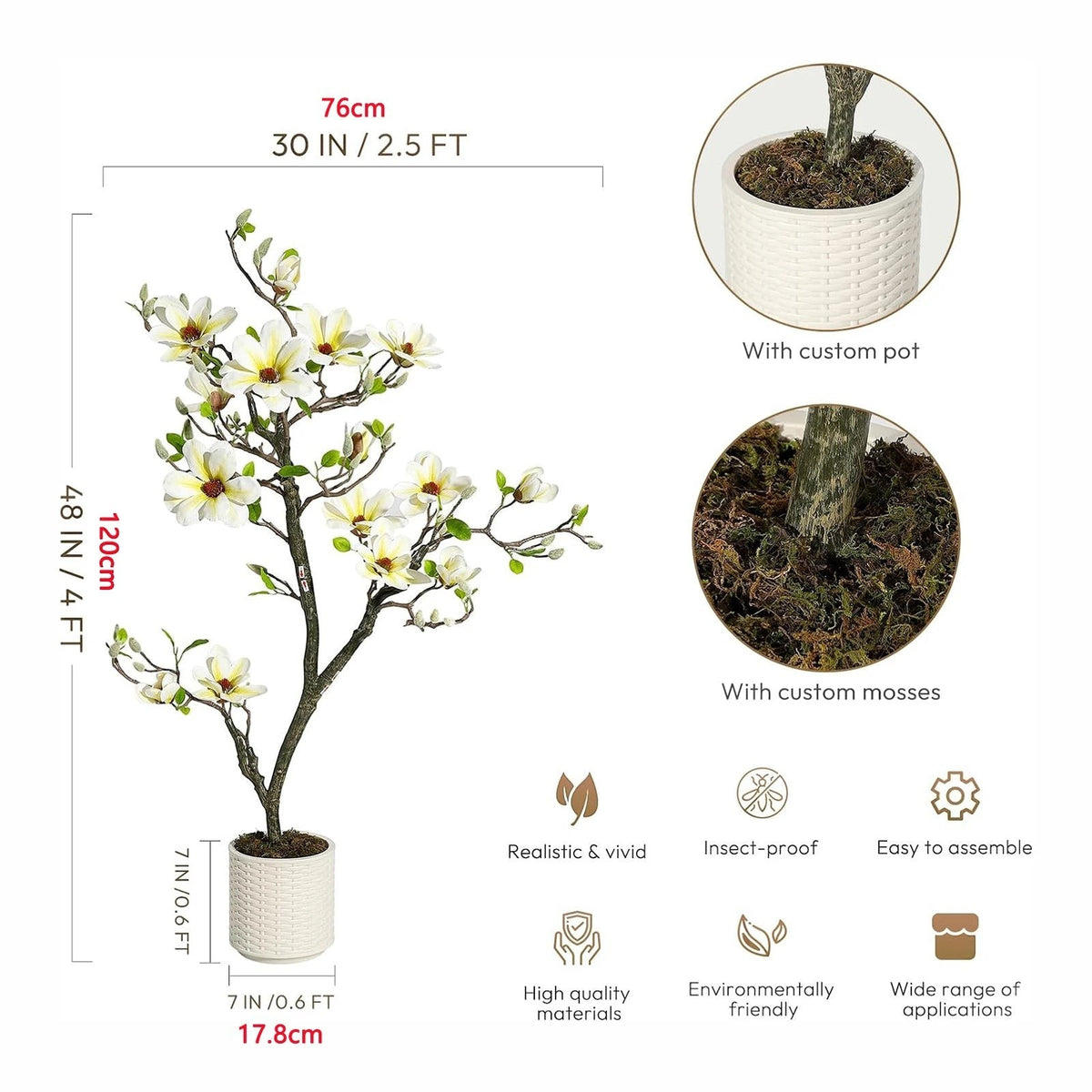 Faux Arbre Magnolia Artificiel de 120cm à 180cm avec Fleurs Blanches | Décoration Élégante pour Intérieur et Extérieur 6