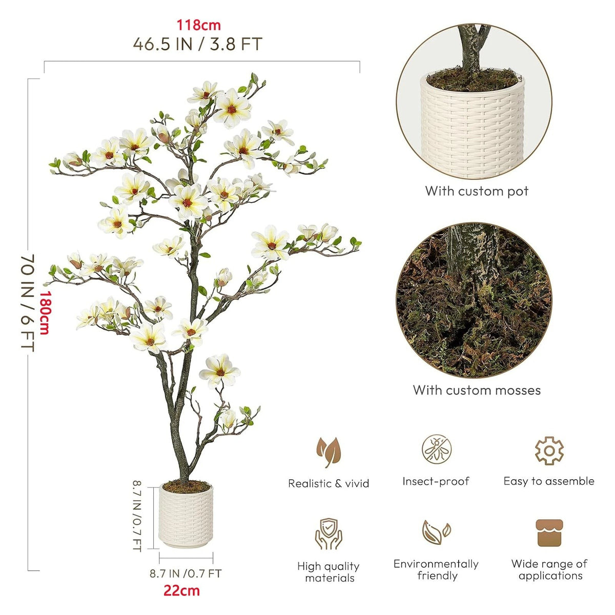 Faux Arbre Magnolia Artificiel de 120cm à 180cm avec Fleurs Blanches | Décoration Élégante pour Intérieur et Extérieur 7