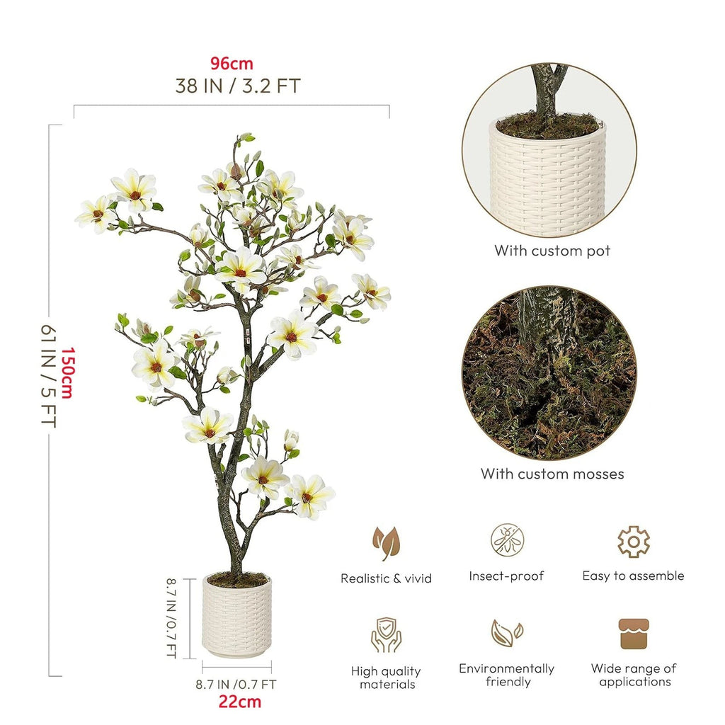 Faux Arbre Magnolia Artificiel de 120cm à 180cm avec Fleurs Blanches | Décoration Élégante pour Intérieur et Extérieur 8
