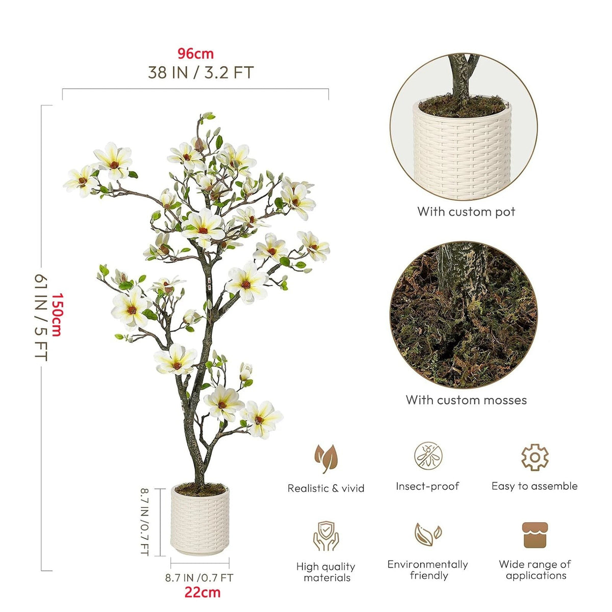 Faux Arbre Magnolia Artificiel de 120cm à 180cm avec Fleurs Blanches | Décoration Élégante pour Intérieur et Extérieur 8