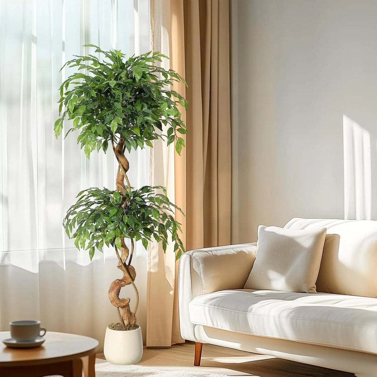Ficus Luxueux | Plante Artificielle avec Tronc Incurvé & Jardinière Blanche | Décoration Intérieure Élégante pour un Ambiance Naturelle 0