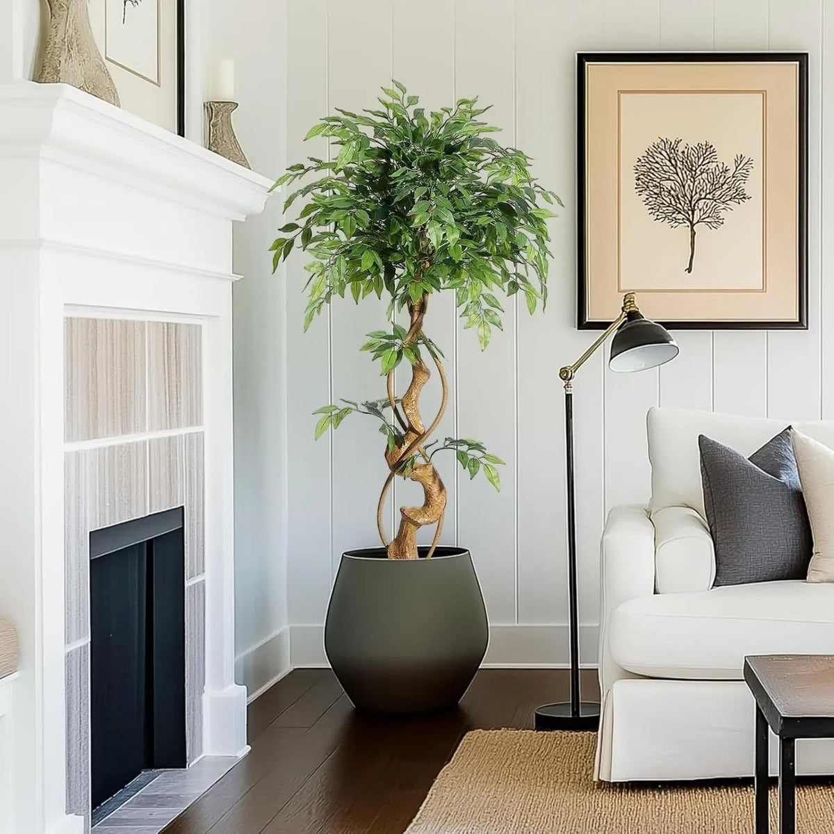Ficus Luxueux | Plante Artificielle avec Tronc Incurvé & Jardinière Blanche | Décoration Intérieure Élégante pour un Ambiance Naturelle 2