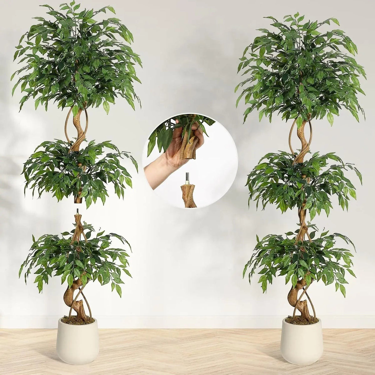 Ficus Luxueux | Plante Artificielle avec Tronc Incurvé & Jardinière Blanche | Décoration Intérieure Élégante pour un Ambiance Naturelle 3