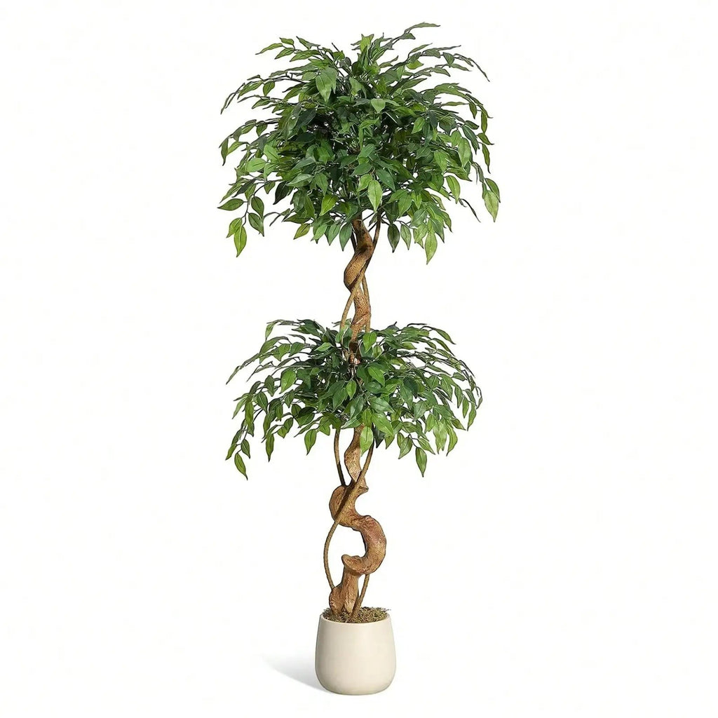 Ficus Luxueux | Plante Artificielle avec Tronc Incurvé & Jardinière Blanche | Décoration Intérieure Élégante pour un Ambiance Naturelle