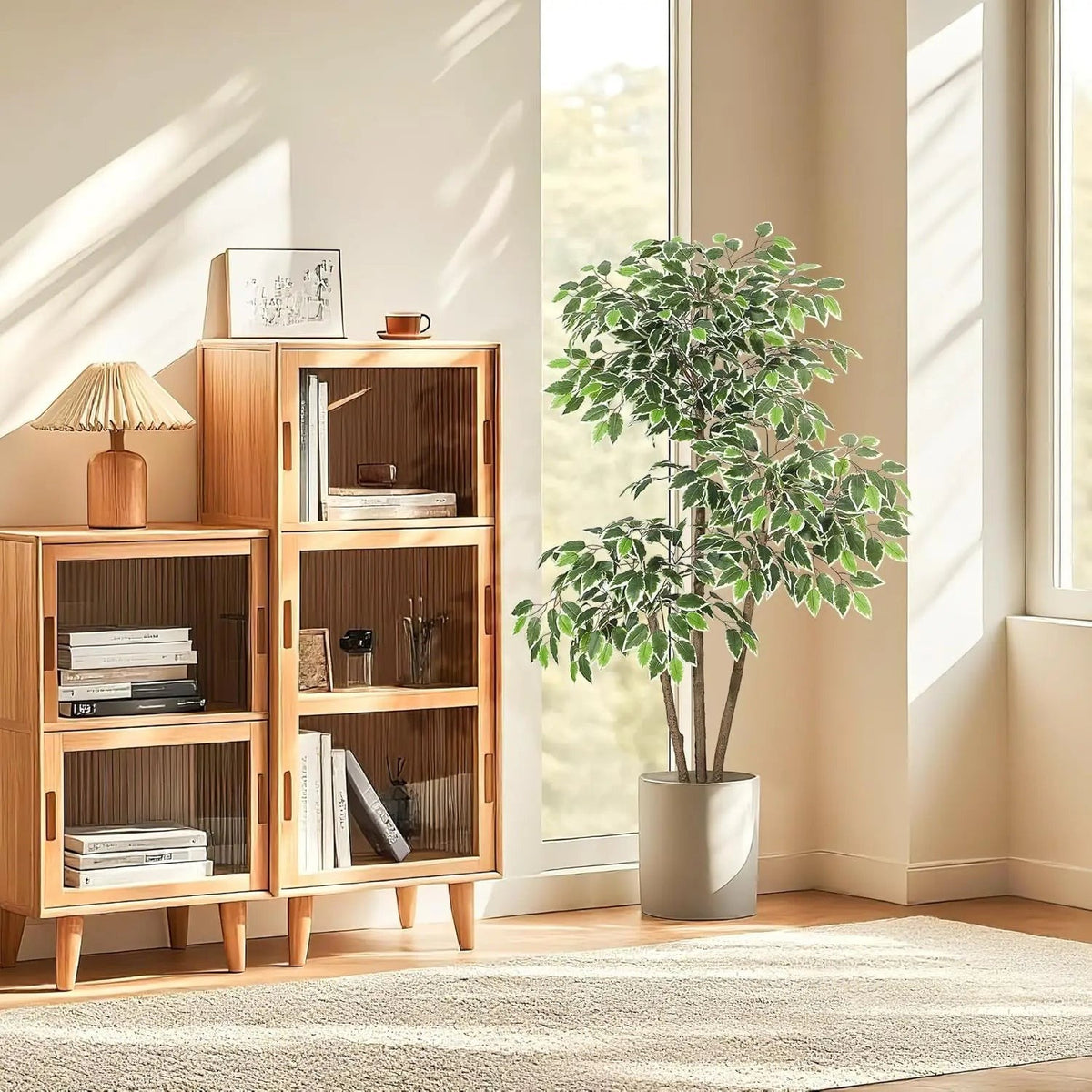 Arbre artificiel Ficus Klorys de 150 cm avec feuillage vert et blanc dans un pot gris, style moderne pour intérieur.