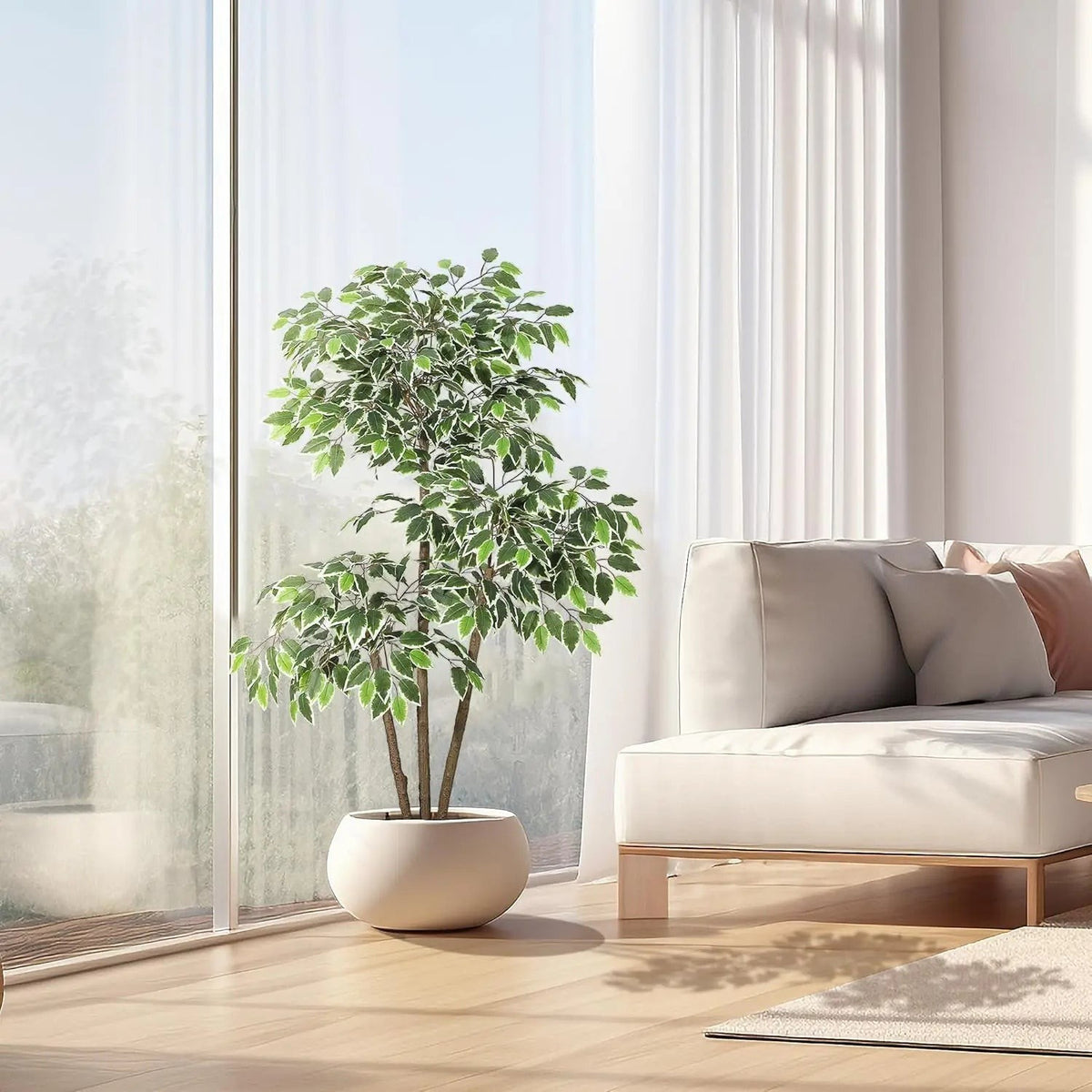 Arbre artificiel Ficus Klorys de 150 cm avec feuilles vertes et blanches dans un pot moderne près d'une baie vitrée