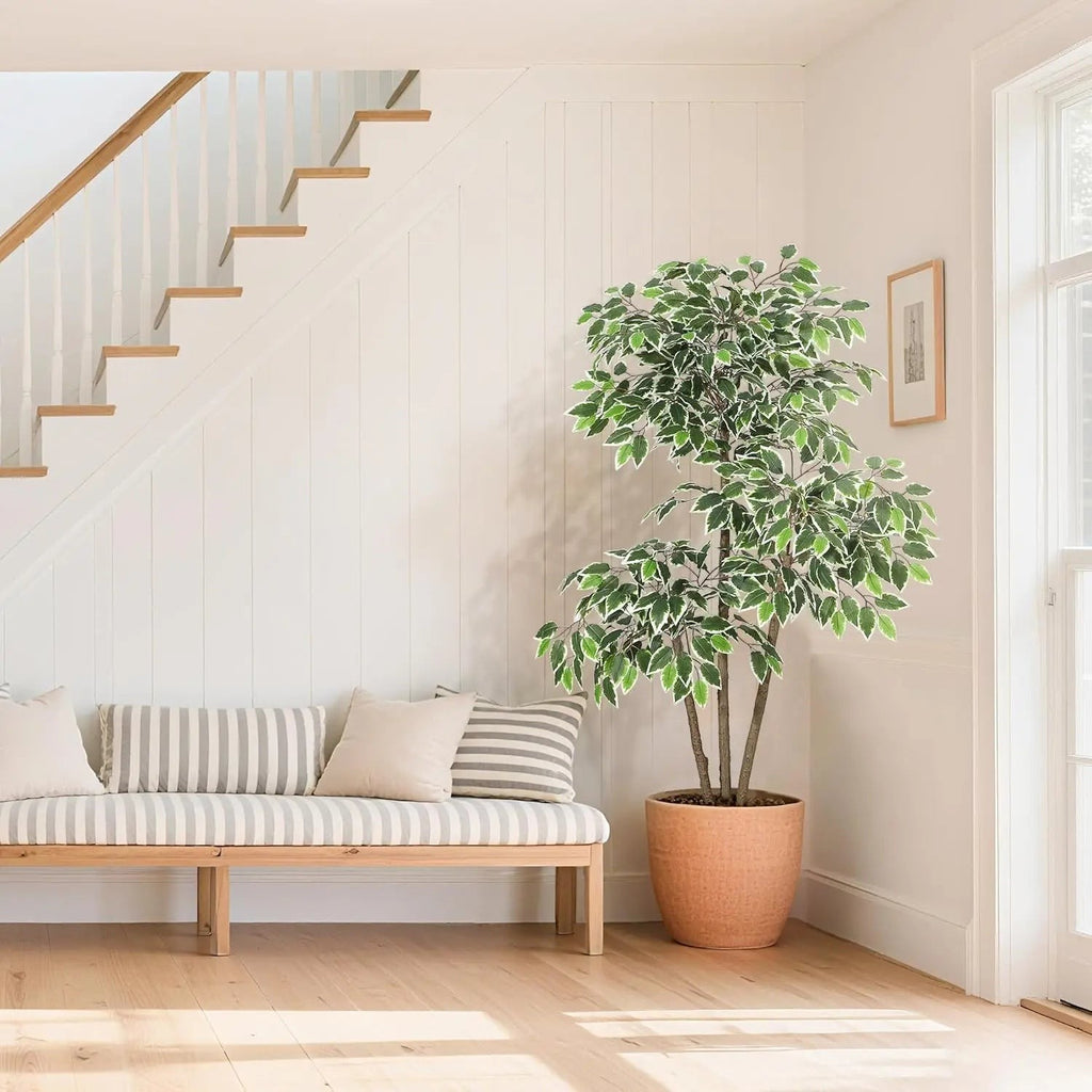 Ficus artificiel Klorys de 150 cm avec feuilles vertes et blanches dans un pot en terre cuite, style moderne.