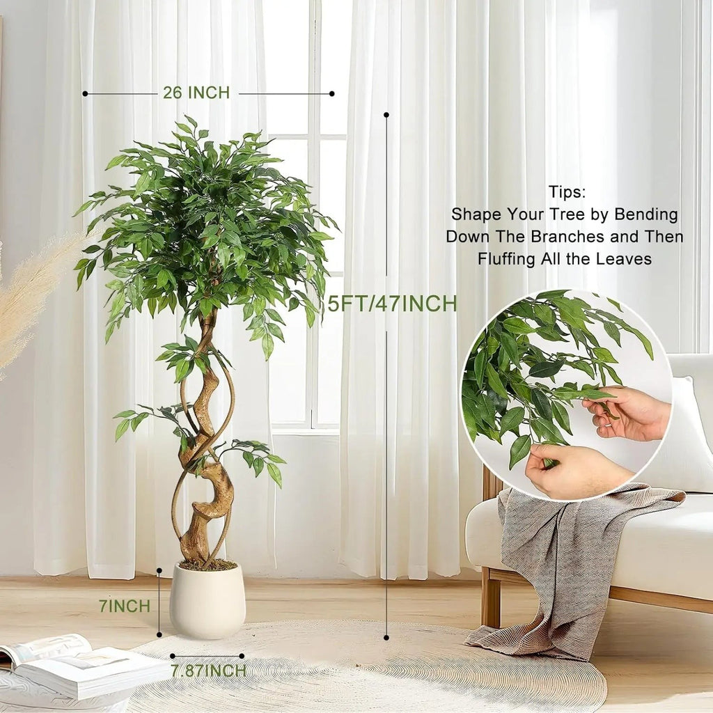 Ficus artificiel Klorys avec tronc incurvé, feuilles en soie vertes et pot blanc, idéal pour décoration intérieure.