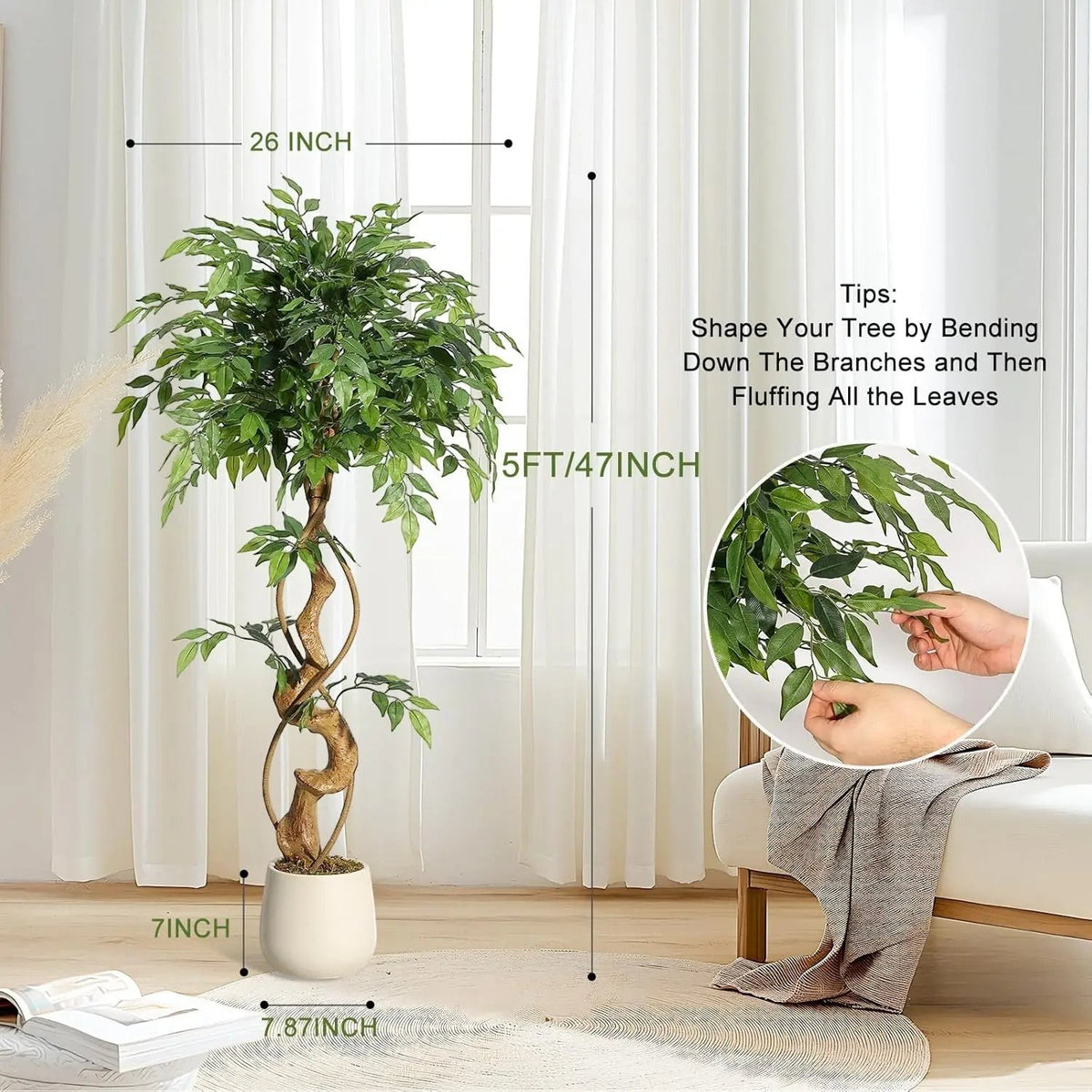 Ficus artificiel Klorys avec tronc incurvé, feuilles en soie vertes et pot blanc, idéal pour décoration intérieure.