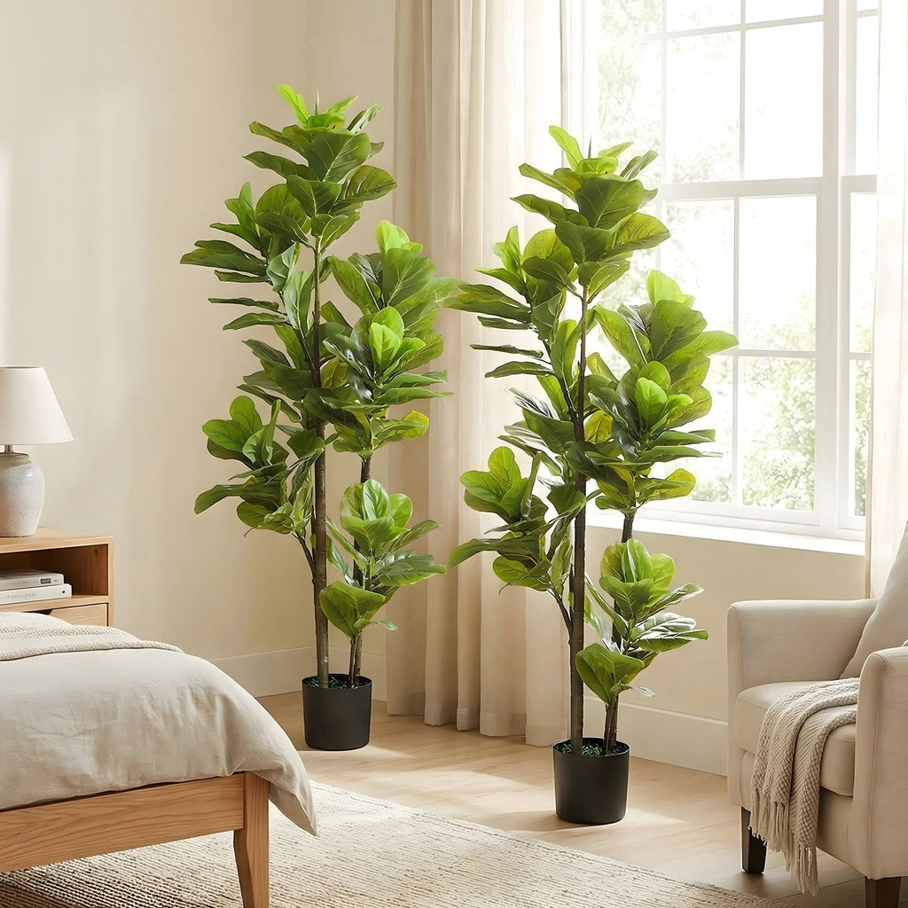 Lot de 2 plantes artificielles Ficus Klorys avec feuilles vertes réalistes dans des pots en ciment noir pour intérieur