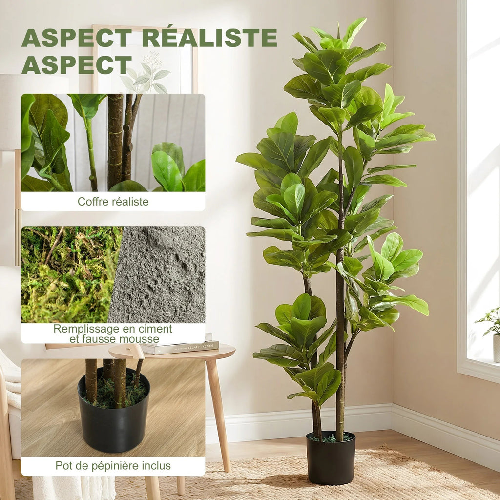Lot de 2 plantes artificielles Ficus Klorys avec feuilles vertes réalistes et pot en ciment pour décoration intérieure