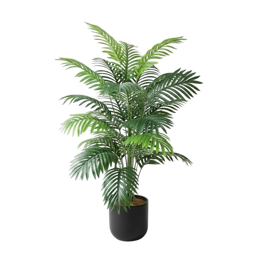 Plante artificielle palmier Areca Klorys de 120 cm avec 24 feuilles vertes réalistes dans un pot noir décoratif.