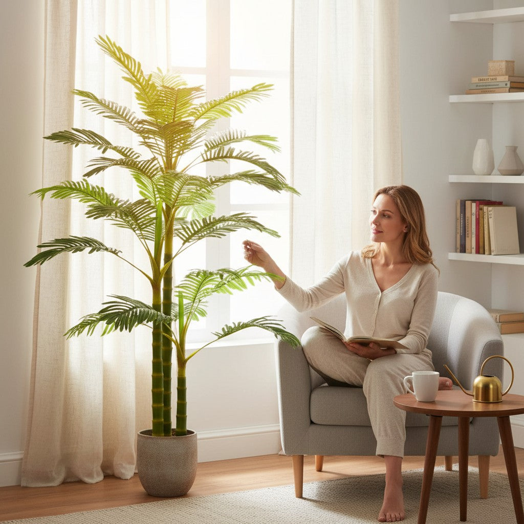 Femme assise près d'un palmier Areca artificiel Klorys de 190 cm dans un salon lumineux et chaleureux.