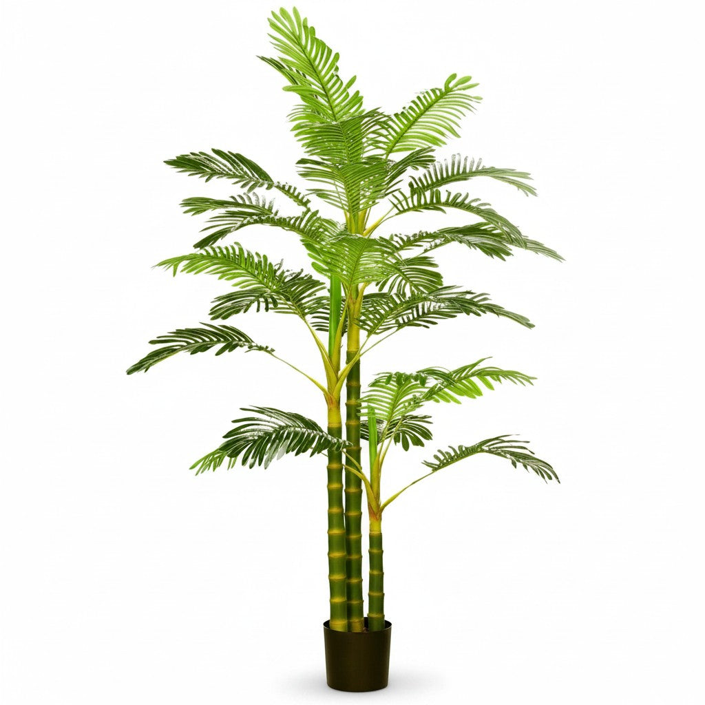 Plante artificielle palmier Areca Klorys de 190 cm avec 30 feuilles vertes réalistes dans un pot noir robuste.