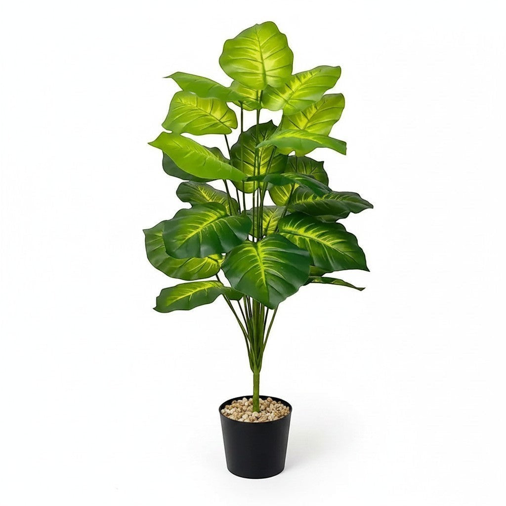 Plante artificielle palmier Areca Klorys de 120 cm avec 24 feuilles vertes réalistes dans un pot décoratif noir