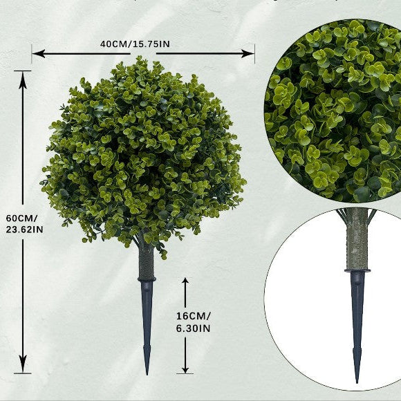 Lot de 2 topiaires en buis artificiels Klorys, 60 cm, en polyéthylène vert résistant aux UV avec piquet de sol.