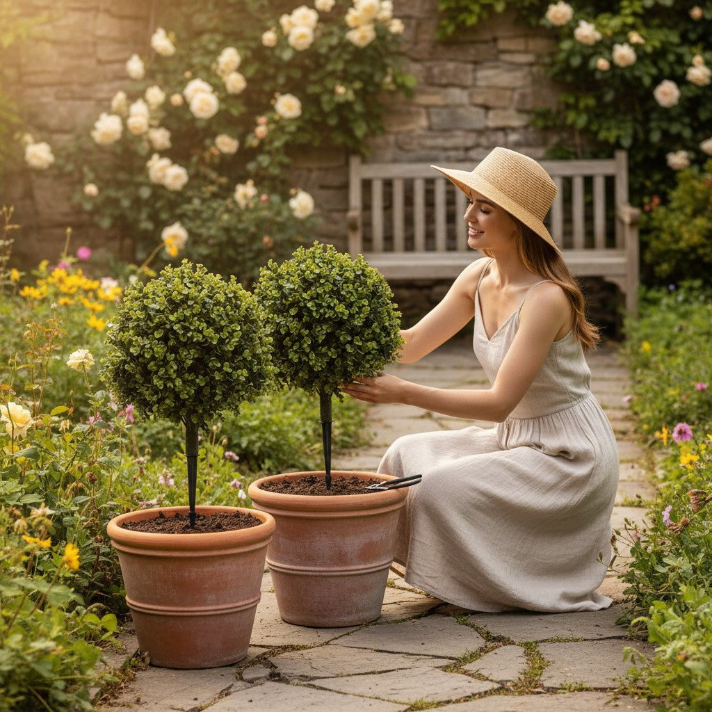 Femme en robe beige et chapeau de paille installant deux topiaires en buis artificiels Klorys dans un jardin fleuri.